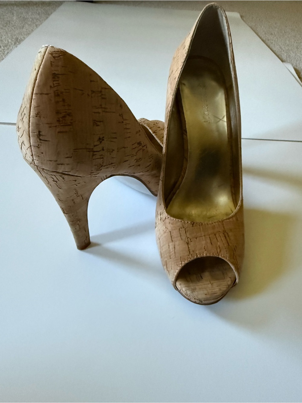 Cork-Textured Peep Toe High Heels in Natural Tan